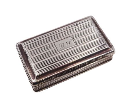George III silver snuff box, of rectangular form, with banded decoration throughout and engraved cartouche to hinged cover, h
