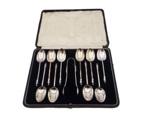 Set of ten Victorian silver Apostle tea spoons with matching pair of sugar tongs, hallmarked William Hutton & Sons, London 18