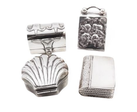 Four novelty miniature silver boxes, comprising coal scuttle, shell, trunk and bible, all hallmarked, tallest H3.5cmCondition