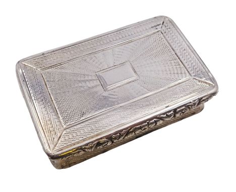 George IV silver snuff box, of rectangular form, with engine turned decoration, chased foliate borders and blank cartouche to