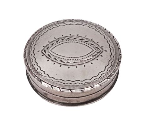 George III silver patch box, engraved with navette shaped cartouche, hallmarked Samuel Pemberton, Birmingham 1791, D2.3cmCond