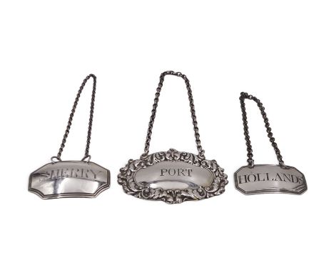Two George III decanter labels, to include a 'Hollands' example, hallmarked Thomas Phipps & Edward Robinson, London 1803 and 