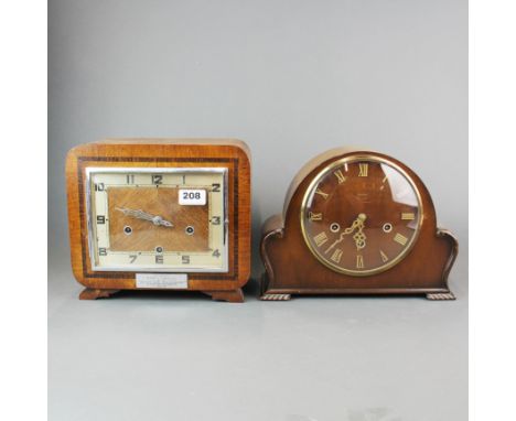 An Art Deco inlaid mantle clock with a further mantle clock, 27 x 24cm.