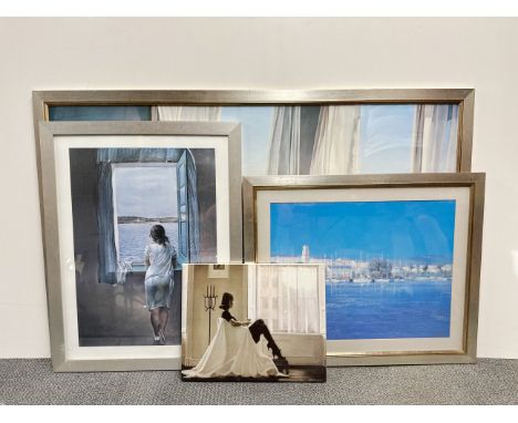 A large contemporary framed print, frame size 97 x 151cm, together with two further prints and a printed canvas.