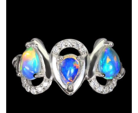 A 925 silver ring set with pear cabochon cut opals and white stones, (N).