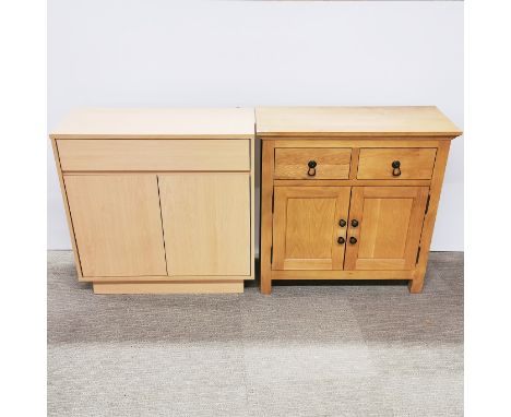 A modern light oak cabinet together with an oak effect single drawer cabinet, largest 80 x 80 x 40cm.