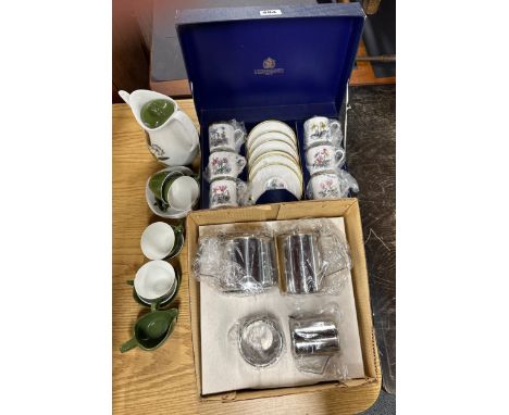 A boxed Royal Worcester coffee set with a 1970's stainless steel tea set and a 1970's Midwinter part tea set. (Midwinter slig