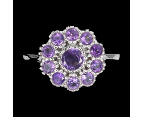 A 925 silver cluster ring set with round cut amethysts, (P).