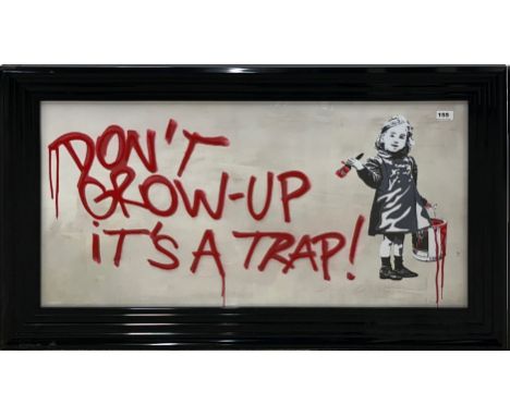 A framed contemporary print with red highlighting over glass, 65 x 115cm.