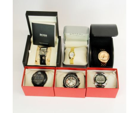 A group of six contemporary wristwatches, understood to be in working order, including Armani, Rotary and Hugo Boss.