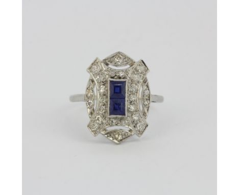 A platinum Art Deco sapphire and diamond set ring, L. 1.8cm, (O).