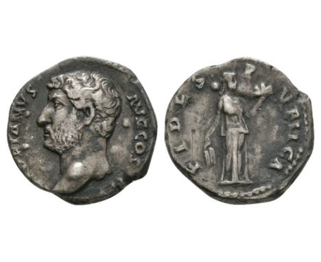 137 AD. Rome mint. Obv: HADRIANVS AVG COS III P P legend with bare head left. Rev: FIEES PVBLICA legend with Fides standing r