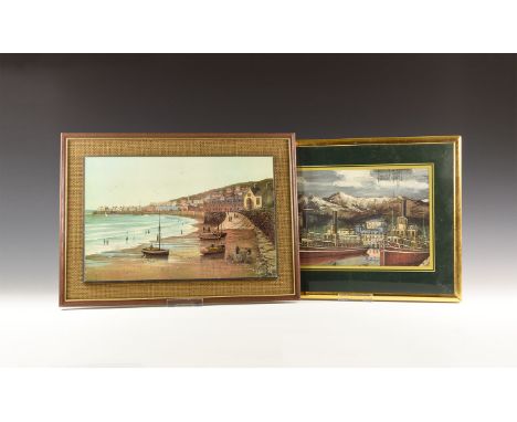 20th century AD. A pair of framed maritime prints comprising: Weston-super-Mare fishing harbour scene with biographical note 