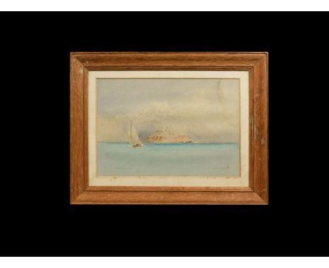 20th century AD. A watercolour painting in a glazed wooden frame with reveal, seascape with yacht and island with temple ruin