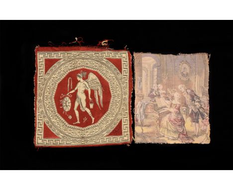 19th-early 20th century AD. A mixed fabric group comprising: a textile tapestry square with winged male on a red field in a w