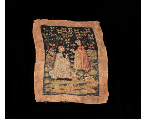 19th-early 20th century AD. A fabric panel with tapestry scene of a seated female with pigeon(?) and standing male offering h
