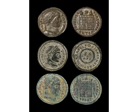 4th century AD. Group comprising bronzes: camp gate reverse (2; eastern mints); wreath reverse.  10.35 grams total.  [3, No R