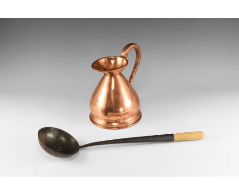 20th century AD. A mixed group comprising: a copper pint measure jug with tiered base, strap handle, pouring lip, lead seal w
