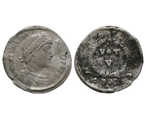 364-367 AD. Constantinople mint. Obv: D N VALENTINIANVS P F AVG legend with diademed, draped and cuirassed bust right. Rev: V