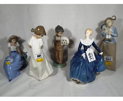 A Royal Doulton figurine entitled Fragrance HN 2334 anf four Nao by Lladro figurines (5)