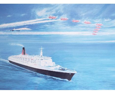 After David Kearney - a print entitled Perfect Timing issued in a limited edition, depicting the QEII and The Red Arrows, sig