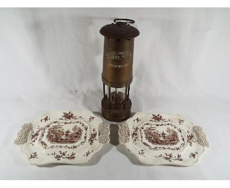 An E. Thomas and Williams Ltd miners lamp, 26cm (h) and two Masons Ironstone wall plaques (3)