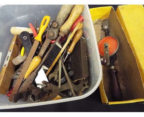 A quantity of carpenters tools to include a Stanley hand drill #803 in original box (qty)