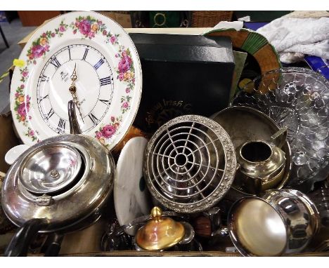 A collection of items to include a porcelain wall clock, plated ware, Galway Irish crystal glasses and similar