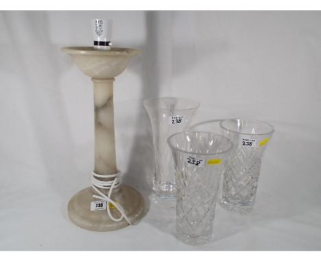 A marble table lamp, 37cm (h) and three glass vases (4)