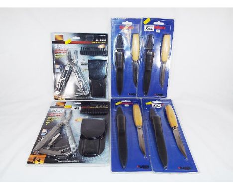 Two B. Bon 27 in 1 multi tools and four Slid Fladen fishing knives all with cases, all new and unused