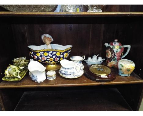 A mixed lot to include a Chinese porcelain figure, figurine depicting a cat and similar, barometer and similar