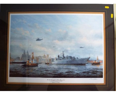 A colour print after Edward D Walker depicting 'HMS Cornwall in the Mersey 1993' signed in pencil by the artist to the margin