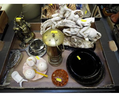 A good mixed lot of collectables to include a brass miners lamp, a Carlton Ware cruet set, a Horse and Jockey figurine and si