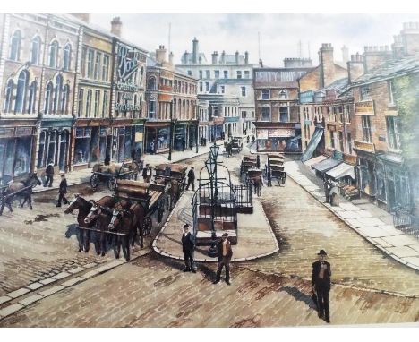 After David G Diggins - a print depicting Blackburn in the 1900's, signed lower right in pencil to the margin, mounted and fr
