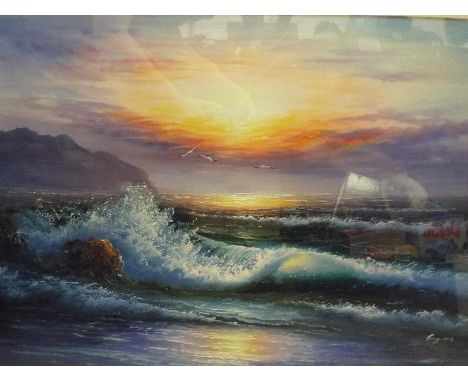 A large oil on canvas depicting a seascape scene, signed lower right by the artist, (unclear), mounted and framed, image size