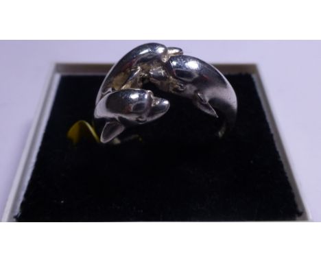 Sterling silver three dolphin ring, size L