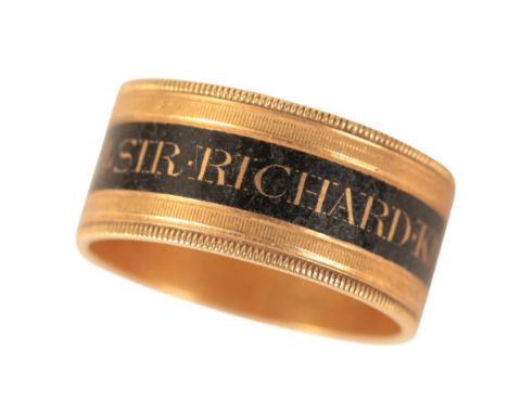 THE BATTLE OF TRAFALGAR INTEREST: A WILLIAM IV 18CT GOLD AND BLACK ENAMEL MOURNING RING the enamel band inscribed 'Vice Admir