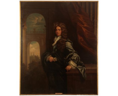 ATTRIBUTED TO JONATHAN RICHARDSON (1665-1745) A portrait of John Plumer standing three-quarter length, before an arch, oil on