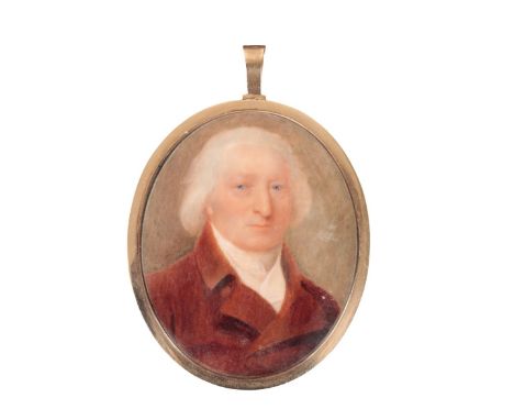 A PORTRAIT MINIATURE OF A GENTLEMAN early 19th century, painted on ivory, wearing a rust coloured doublet, 7.5cm x 6cm, in a 