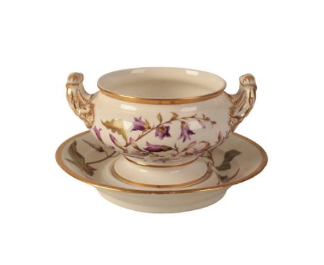 A DERBY PORCELAIN SUCRIER AND STAND c.1815, painted by William "Quaker"Pegg, decorated with floral tendrils, gilt highlightin