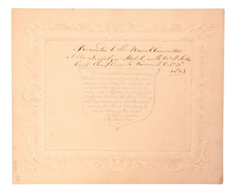 TRAFALGAR INTEREST: A 'VICTORY OFF TRAFALGAR' COMMEMORATIVE CARD decorated with a stylised representation of Nelson's famous 