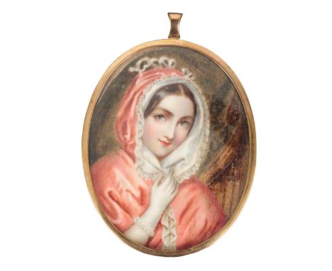 A PORTRAIT MINIATURE, PROBABLY ELIZABETH CONYNGHAM, MARCHIONES CONYNGHAM 19th century, painted on ivory, wearing a red cloak,