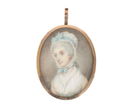 A PORTRAIT MINIATURE OF A LADY late 18th/early 19th century, painted on ivory, wearing a bonnet tied with blue ribbon, 6.2cm 