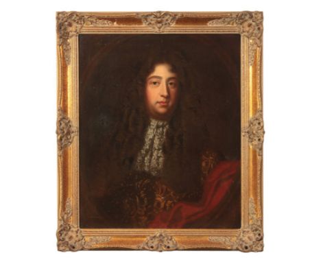 MANNER OF MARY BEALE (1633-1699) A portrait of a gentleman depicted bust-length, wearing a curly brown wig, brocaded jacket, 