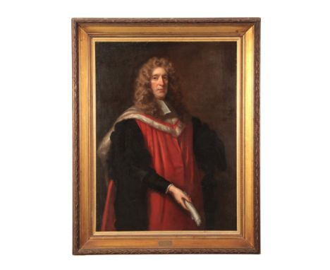 ASCRIBED TO HYACINTHE RIGAUD (1659-1743) A portrait of a gentleman depicted half-length, wearing a curly brown wig, ermine-li
