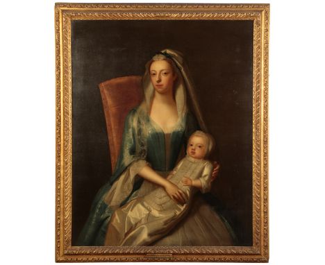 JOHN VANDERBANK (1694-1739) A portrait of Catherine, daughter of John Plumer, holding her baby oil on canvas, 127cm x 101.5cm
