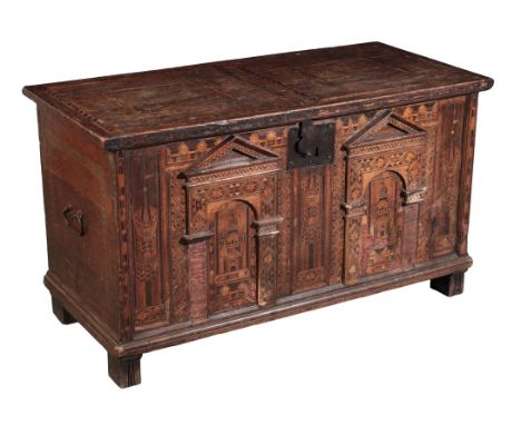 A LATE 16TH/EARLY 17TH CENTURY INLAID OAK 'NONSUCH TYPE' COFFER the front with architectural scenes and twin apex mouldings, 