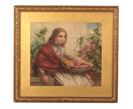 WILLIAM CHARLES TH. DOBSON (1817-1898) A portrait of a girl with flowers monogrammed and dated 1877 lower left, watercolour o