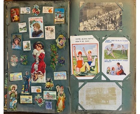 Postcards. An extensive collection of early-20th century postcards in three well-filled albums, each album filled to end, inc