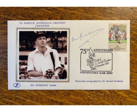 Don Bradman (1908-2001). Autograph, signed in blue ink on a commemorative First Day Cover (Silk "Sterling" Cachet), 1983. Tog